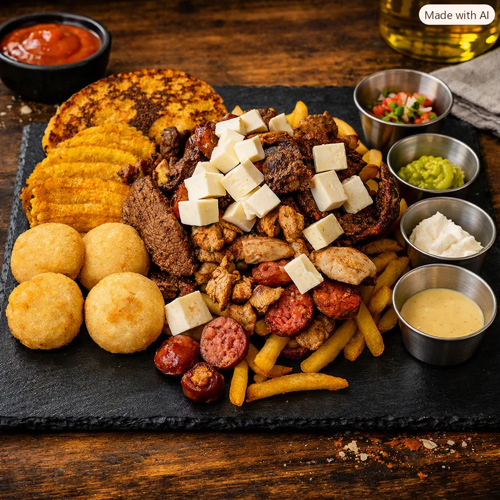 Parrilla Gran Reserva con carnes, arepitas, queso y salsas de ViValia