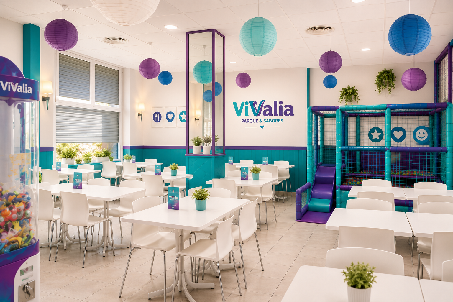 Salón de ViValia con mesas, parque infantil y decoración familiar