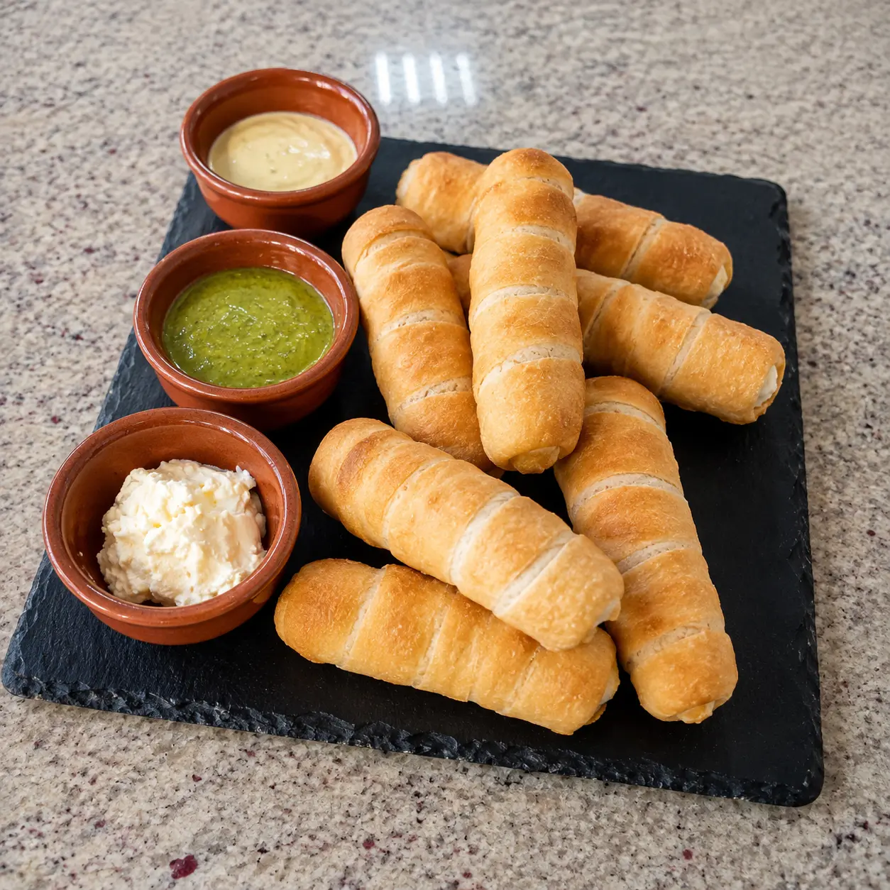 Ración de tequeños con salsas de la casa