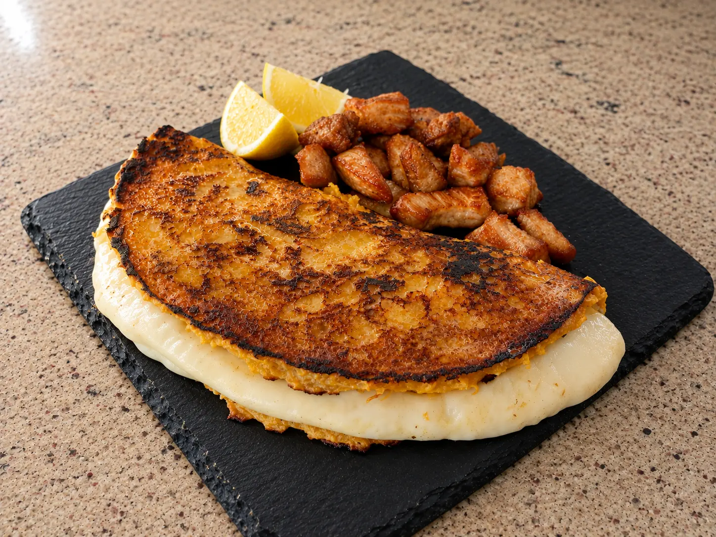 Cachapa con queso de mano y carne desmechada