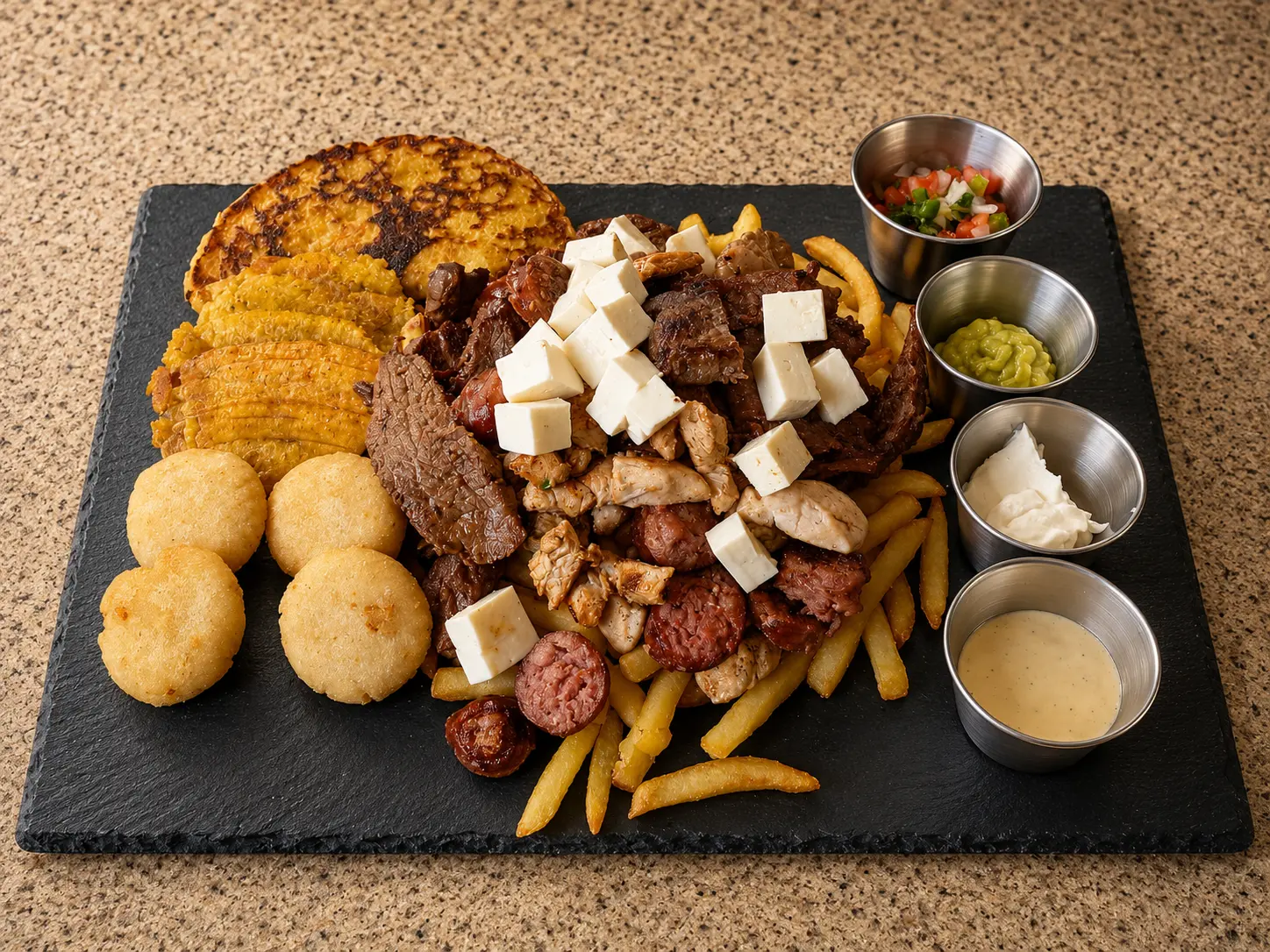 Tabla de parrilla mixta con arepitas, tajadas y salsas