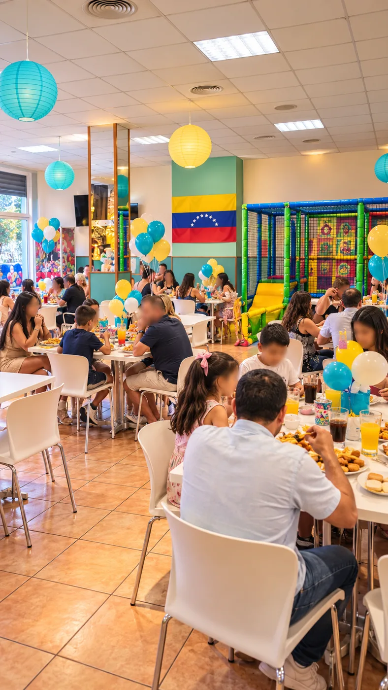 Salón del restaurante ViValia lleno de familias junto al parque infantil